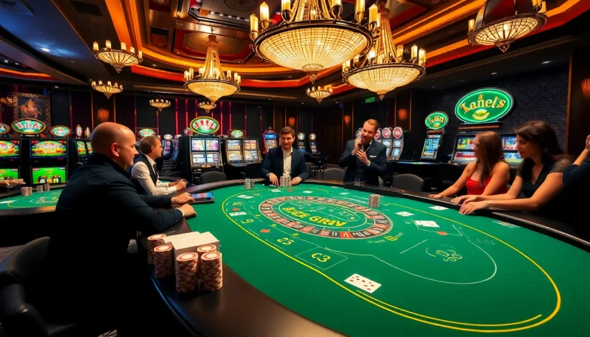 Gamblers placing bets and strategizing at a vibrant casino table at https://s80web.com/ with exciting slot machines in view.