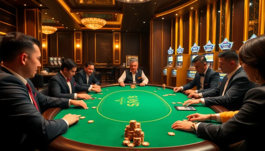 Exciting poker action at Vipwin casino with professional players and vibrant chips.