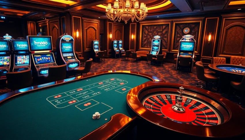 Engage with the thrilling atmosphere of hm88.network's online casino, featuring vibrant slot machines and stylish tables.