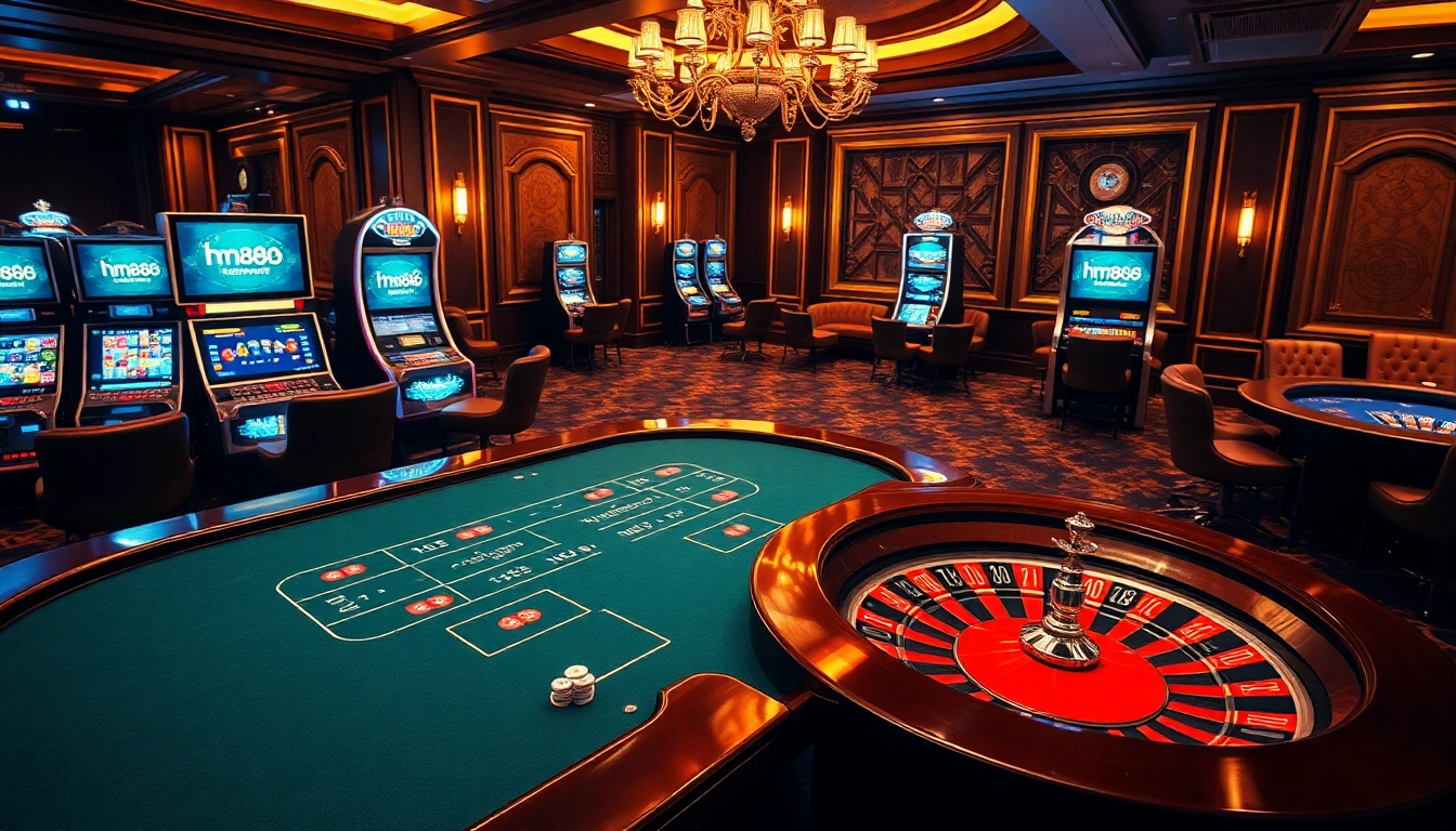 Engage with the thrilling atmosphere of hm88.network's online casino, featuring vibrant slot machines and stylish tables.