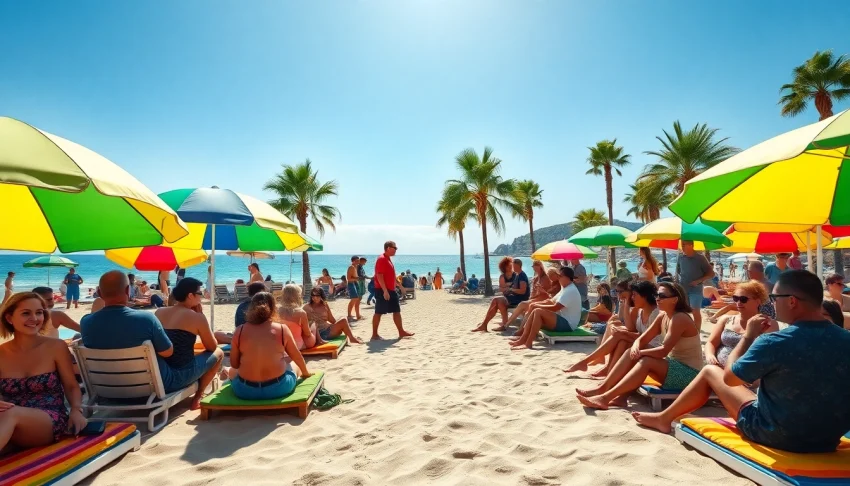 Gathering at a sunny Lloret de Mar beach, highlighting the cannabis culture on Weedmaps Lloret de Mar.