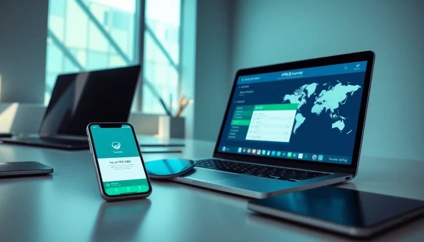 在专业工作区的现代设备上显示的快连VPN应用界面。