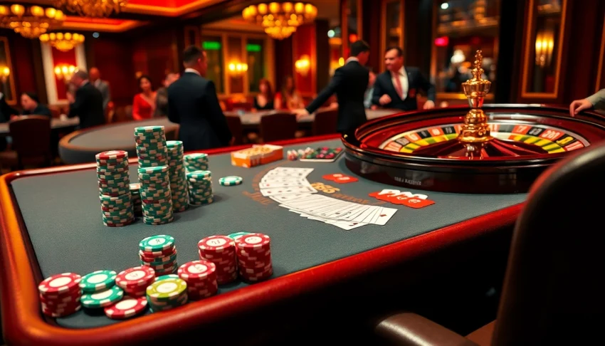 FB88 poker table with vibrant chips and cards, inviting gamblers for an exciting game.