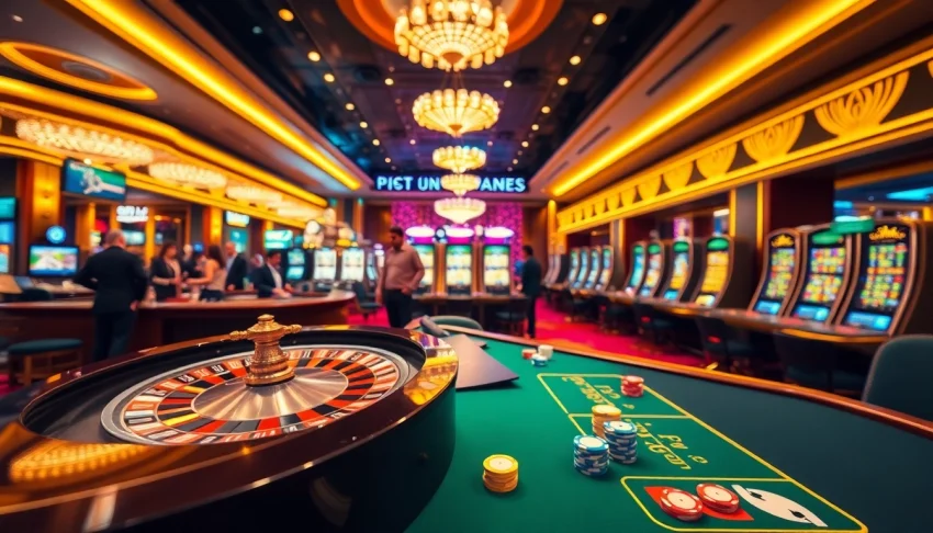 Experience the thrill of 9bet casino with vibrant tables, roulette wheel, and eager players.