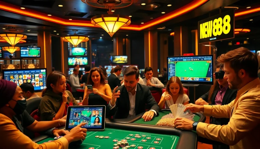 New88 vibrant online gambling scene with sports betting and casino games, showcasing excitement and trust.