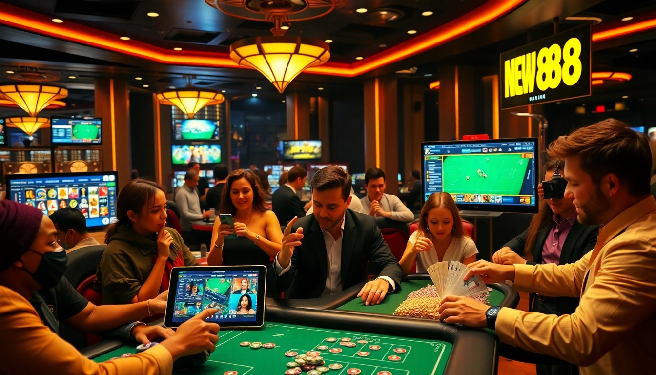 New88 vibrant online gambling scene with sports betting and casino games, showcasing excitement and trust.