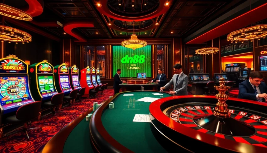 Experience the excitement of the app dn88 at a luxurious casino with vibrant gaming tables and engaging dealers.