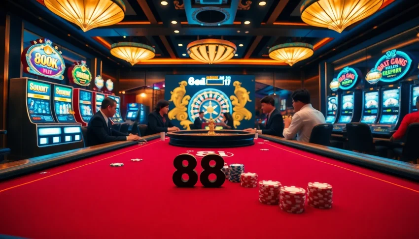 Intense gaming action with 88i-styled poker chips and cards at a luxury casino table.
