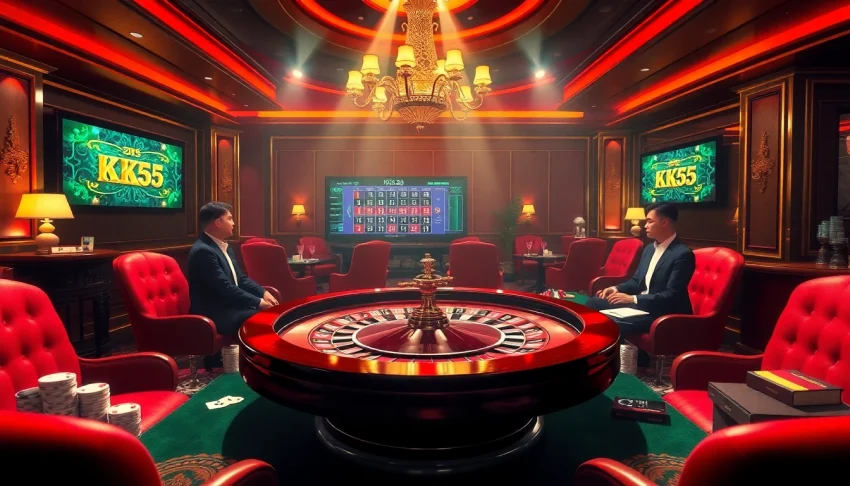 Players engaging with the thrilling KK55 casino gaming experience amidst luxury decor.