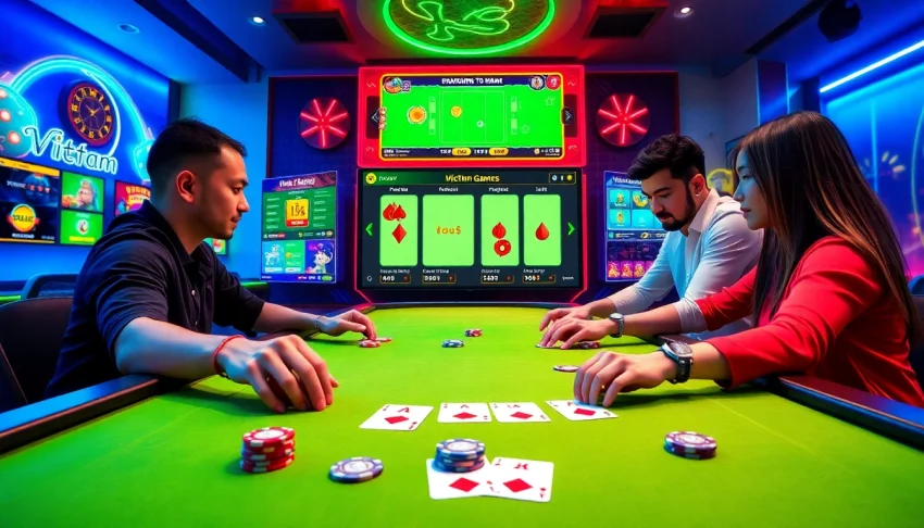 Exciting virtual gaming scene showcasing gamebaidoithuong.com.vc with vibrant graphics and popular card games.