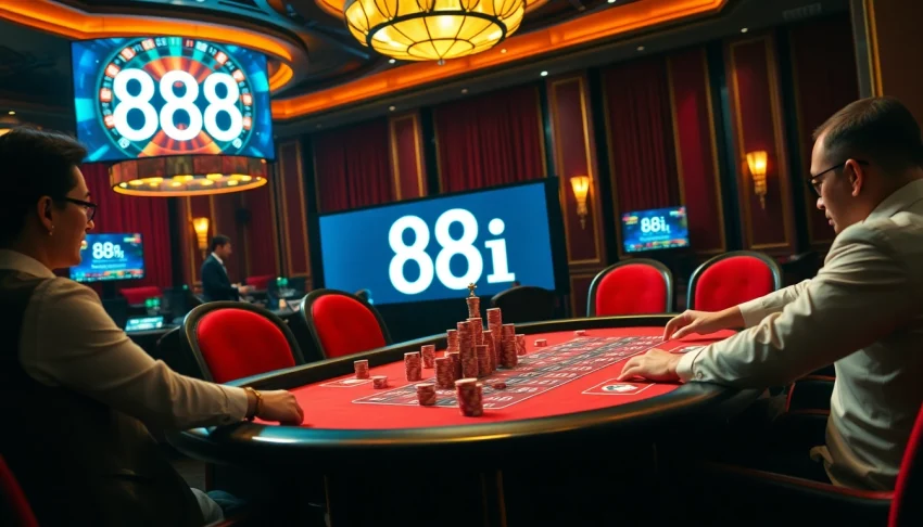 Gamblers eagerly engage at a poker table with 88i strategies visible on digital displays.