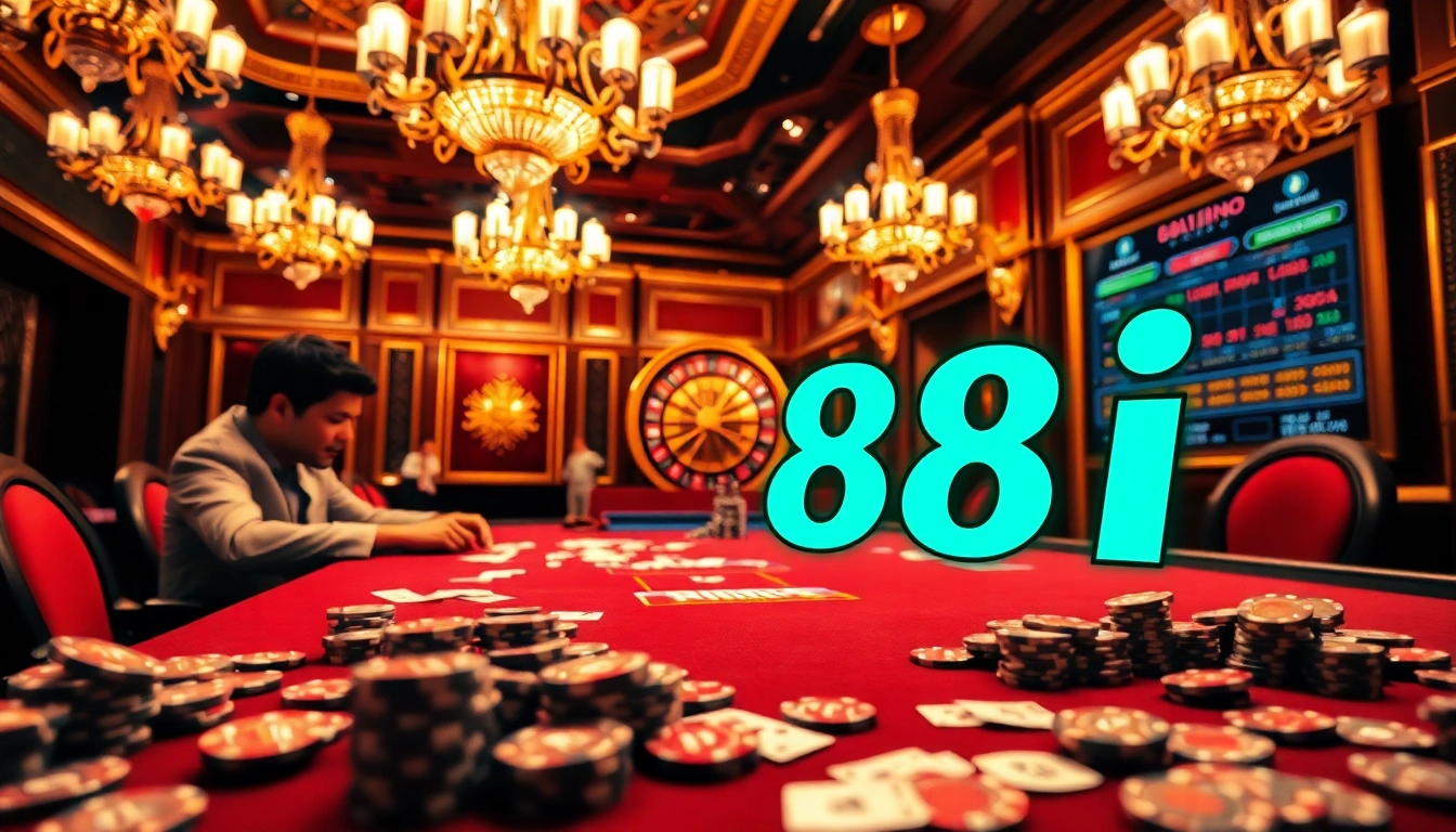 Engaging poker players strategizing at the 88i casino table with stacked chips and cards.