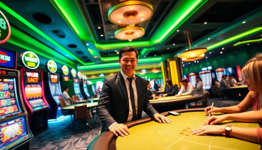 Exciting casino scene at w88.nyc with players enjoying baccarat and blackjack, highlighting vibrant decor.