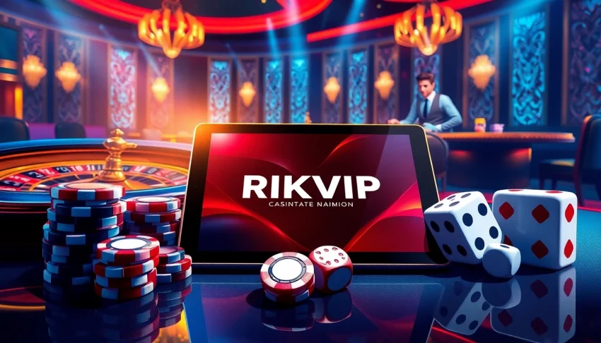 RIKVIP online gambling interface with poker chips and live dealer ambiance in a luxurious casino.