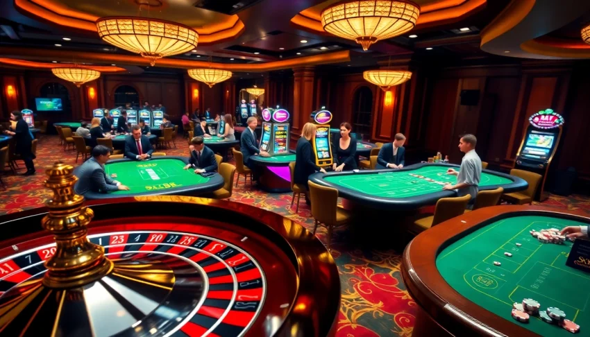 Players engaging at sx88 casino tables, vibrant lights illuminating the poker and roulette games.