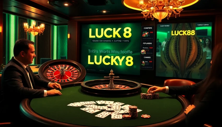 Người chơi casino đang thưởng thức các trò poker và roulette tại LUCK8, thể hiện đẳng cấp sang trọng và sự hứng khởi.
