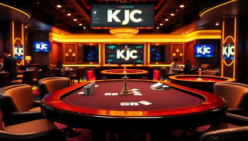KJC brand poker table scene with vibrant chips and cards, showcasing an engaging casino atmosphere.