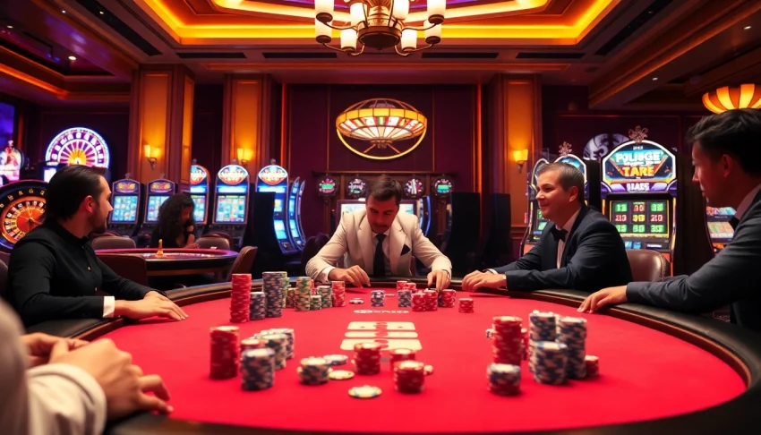 Players at a poker table enjoying thrilling action on bet168 net with colorful chips and cards.