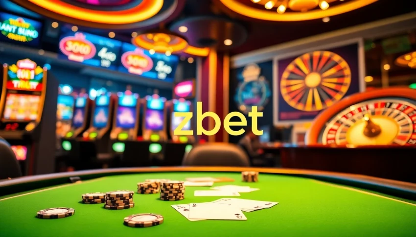 Engaging gambling scene at zbet casino featuring vibrant poker table, chips, and slot machines.