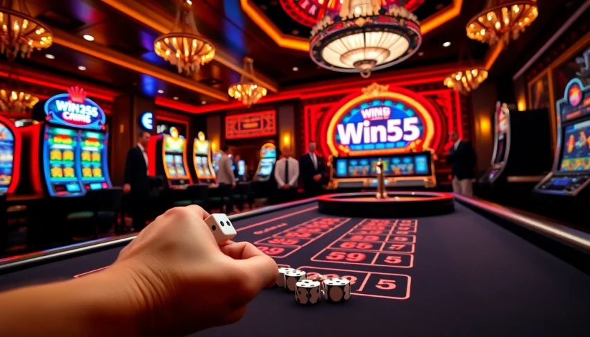 Win55 gamblers enjoying a lively poker game with vibrant casino visuals and betting action.