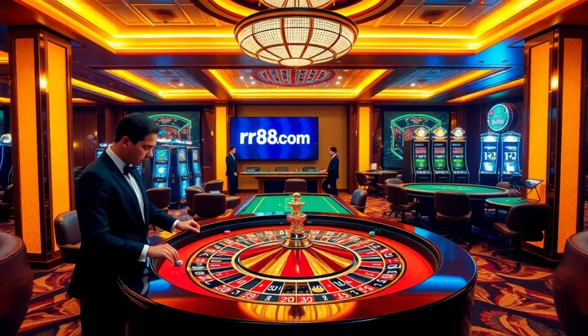 Engage in thrilling casino action at rr88 com with poker chips, roulette wheel, and dynamic gaming atmosphere.