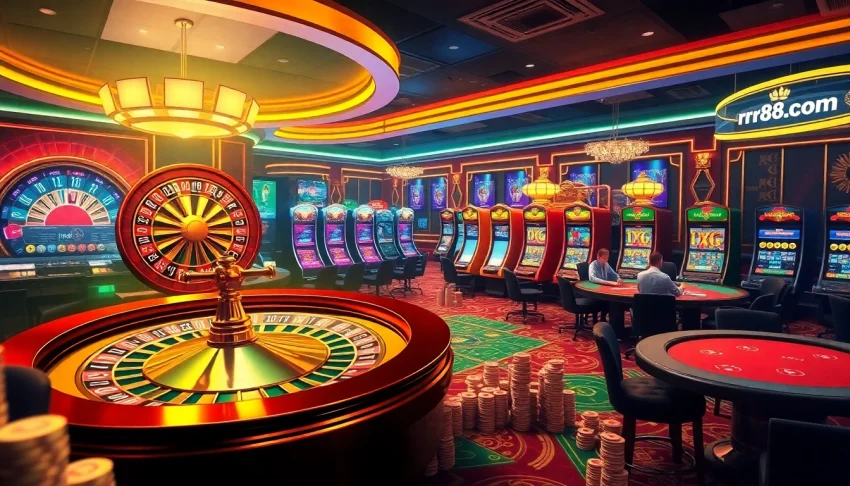 Players engaging in thrilling games at rr88 com casino, featuring roulette, slots, and poker tables.