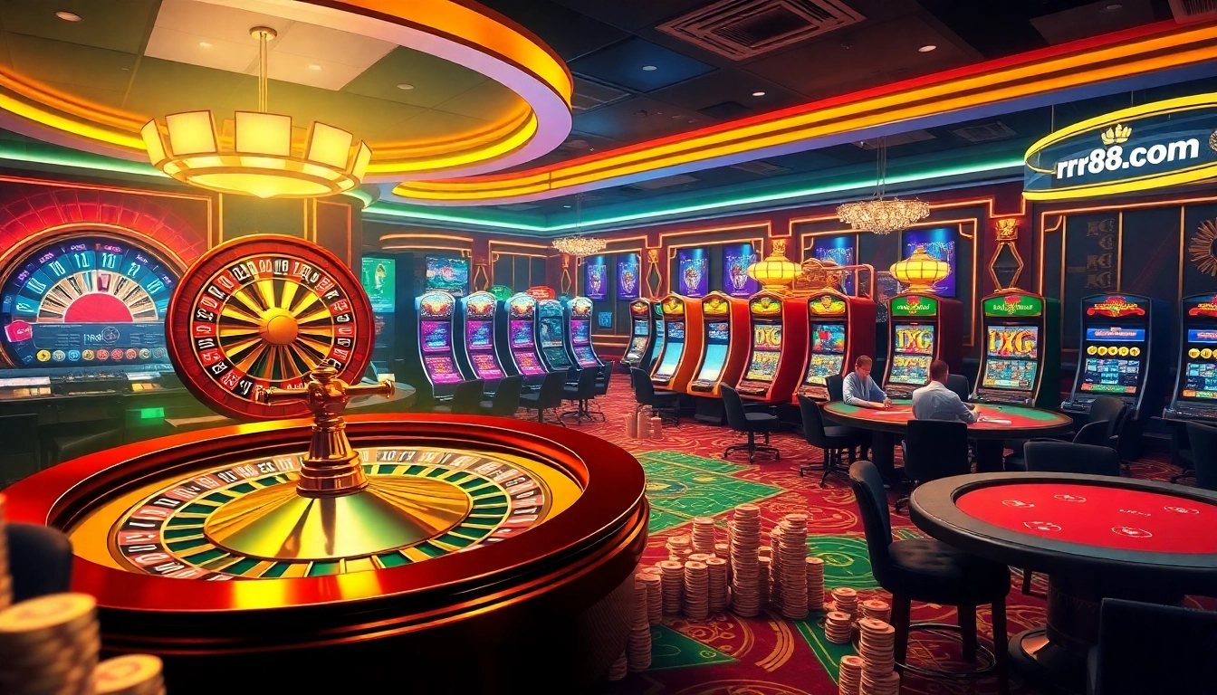 Players engaging in thrilling games at rr88 com casino, featuring roulette, slots, and poker tables.