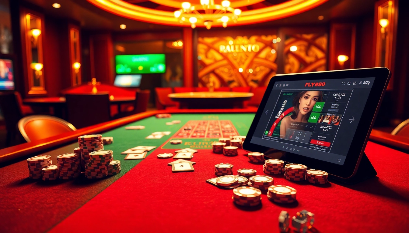 Experience the excitement of fly88 at a luxurious casino table filled with chips and cards.
