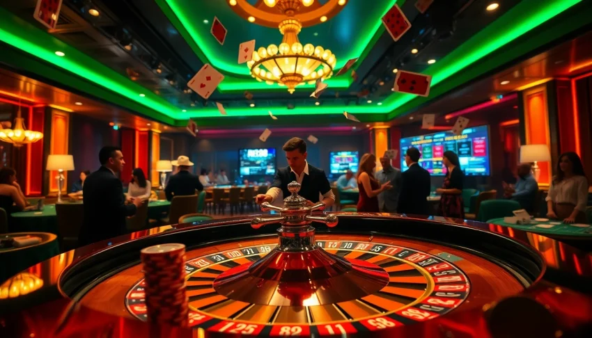 Experience the thrill of RR88 with vibrant casino elements, poker chips, and roulette action.