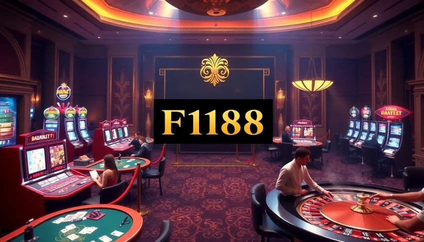 Players enjoy immersive gaming experiences at F168 casino, with lively tables and vibrant slot machines.
