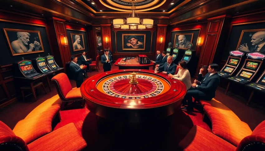 Place bets at the glamorous casino scene representing https://lu88vip.net/ featuring roulette, cards, and vibrant ambiance.