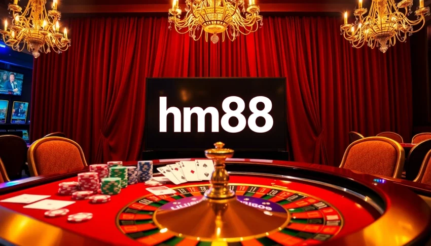 Engaging scene of a casino table with hm88 poker chips and cards, radiating luxury and excitement.