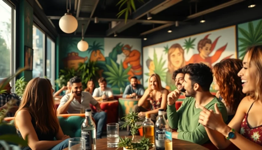 Explore the lively atmosphere at Green Guyz cannabis club madrid with diverse patrons enjoying cannabis.
