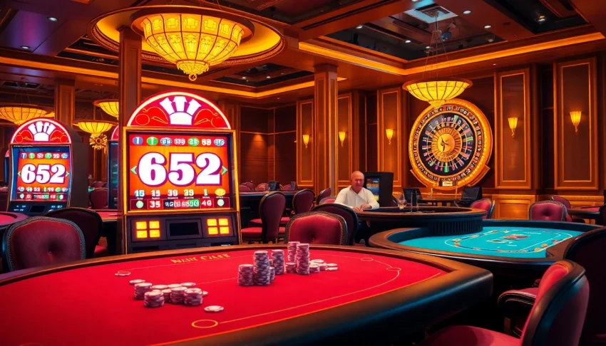 B52 slot machine ignites excitement at a luxury casino with poker tables and roulette wheel.