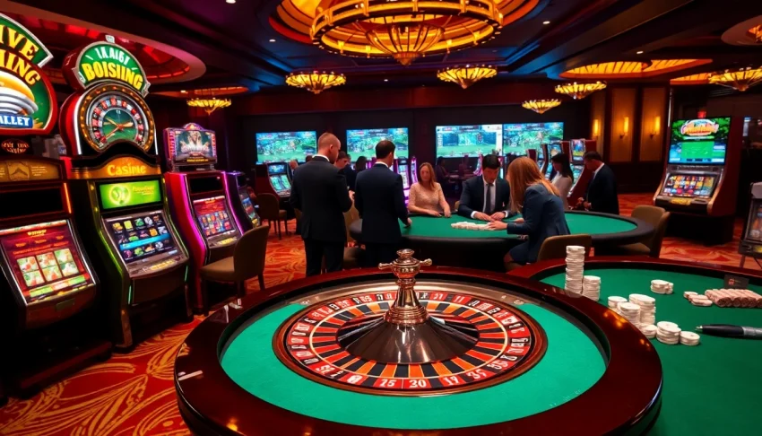 Casino atmosphere with players at a poker table and roulette, highlighting https://kk55.host/ for an engaging gaming experience.