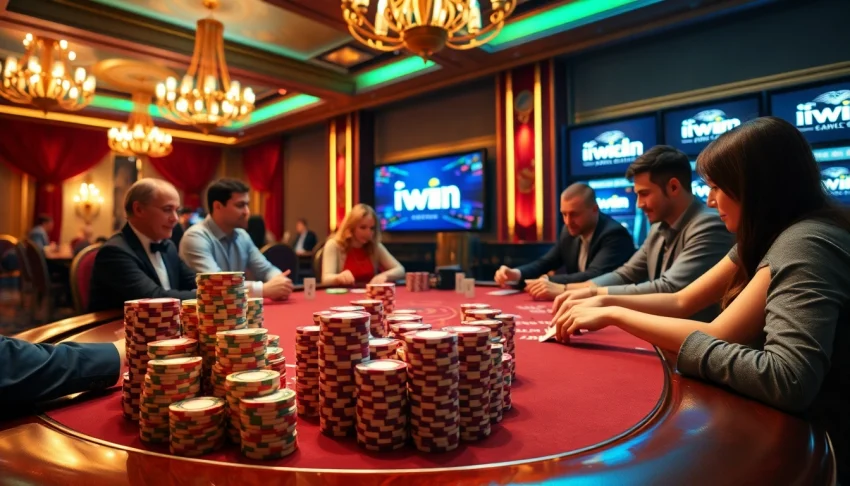 Engaged players at the iwinclub poker table, showcasing vibrant chips and cards in an upscale casino setting.