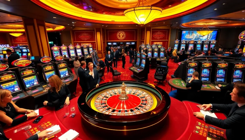 Experience okking excitement at a luxurious casino with vibrant roulette and blackjack tables.