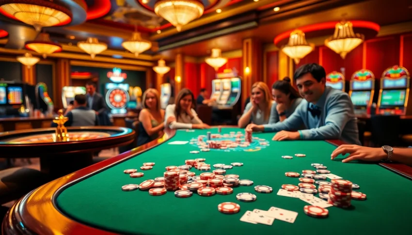 KJC live poker game in a luxurious casino, with vibrant colors and engaged players enjoying the excitement.