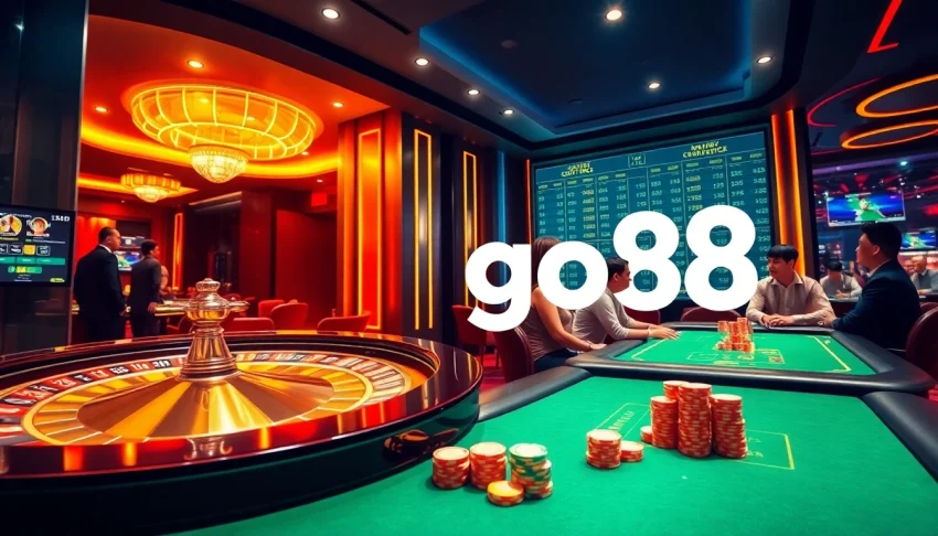 Experience the excitement of casino gaming at go88 with vibrant roulette and poker scenes.