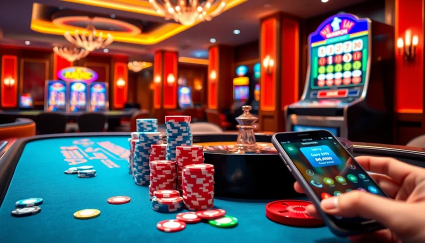 Engaging scene of a vibrant casino with a gaming table showcasing nhà cái xx88 elements, poker chips, and a roulette wheel.