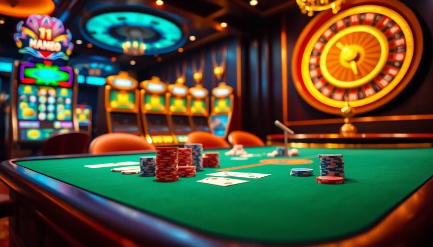 Experience the thrill of casino gaming with NK88 at an elegant poker table and vibrant slot machines.