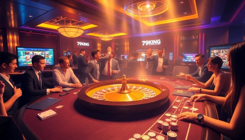Excited players engaging in online gambling at 79KING casino, showcasing vibrant gaming elements.