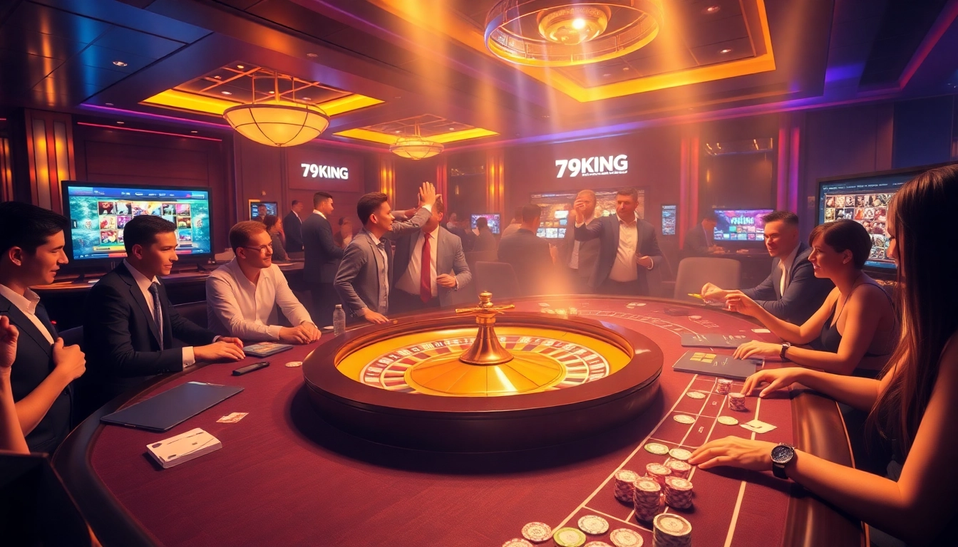 Excited players engaging in online gambling at 79KING casino, showcasing vibrant gaming elements.