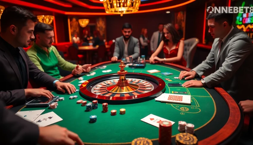 Players winning at ONBET88 casino tables with vibrant poker chips and a roulette wheel.