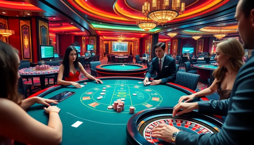 Engaging players at a luxurious Hi88 online casino table with poker and roulette games.