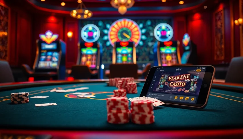 Experience exciting gameplay at http://fabet0.com/ with a vibrant casino setup showcasing a poker table and slot machines.