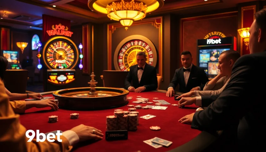 Players engage at a luxurious poker table, showcasing excitement in i9bet casino atmosphere.