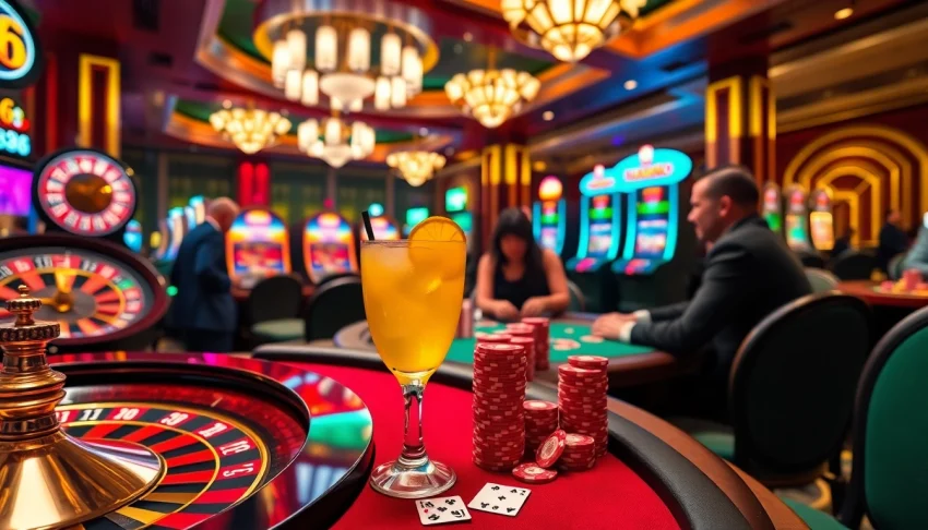 Experience the excitement of TK88 with players at a roulette table and poker chips stacked high.