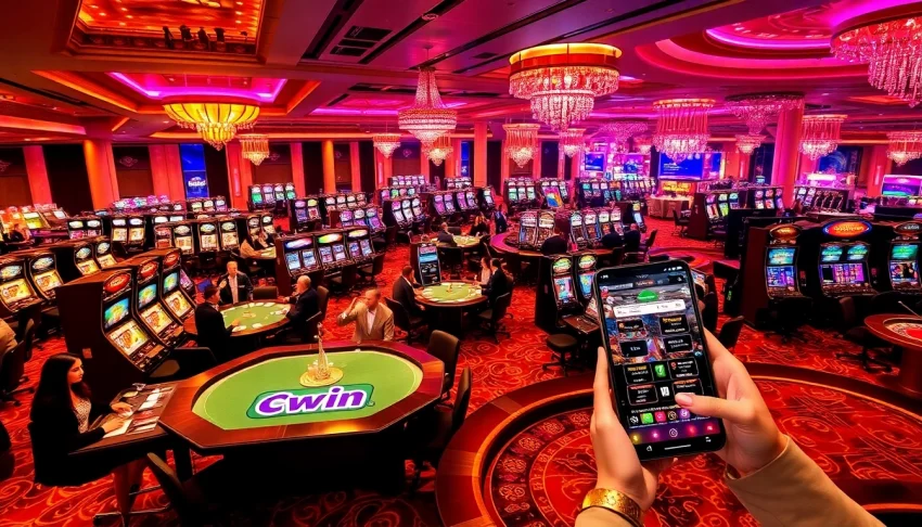 Cwin offers thrilling gameplay at luxurious casino tables with excited players celebrating wins.