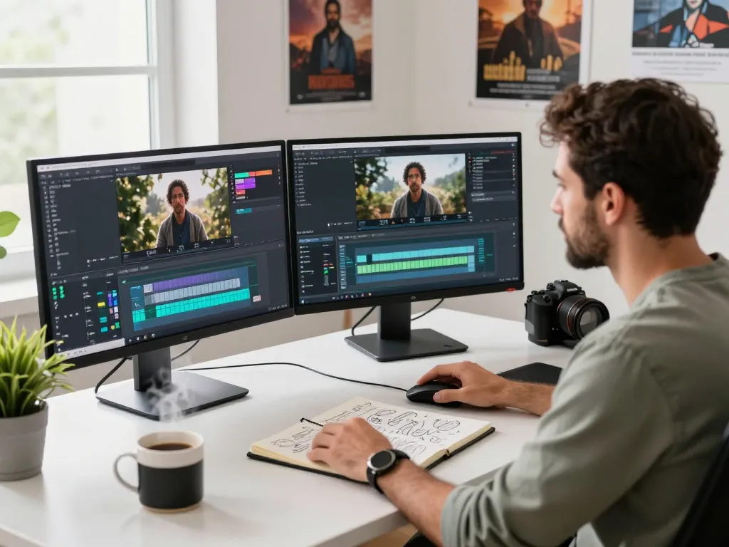 Video to prompt AI generator in a modern workspace, expert analyzing footage on high-resolution monitors amidst a vibrant atmosphere.